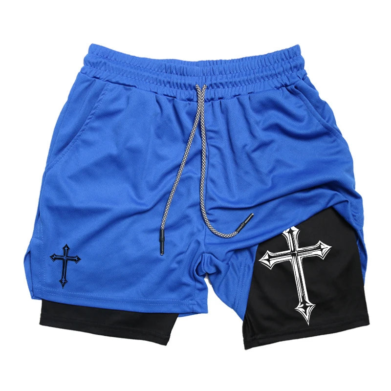 Shorts de treino para homens, shorts atléticos de ginástica cristã forro de compressão, bolso para telefone, toalhinha, estampa cruzada 2 em 1