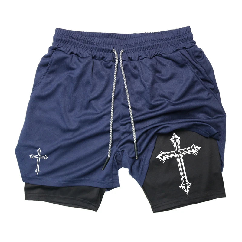 Shorts de treino para homens, shorts atléticos de ginástica cristã forro de compressão, bolso para telefone, toalhinha, estampa cruzada 2 em 1