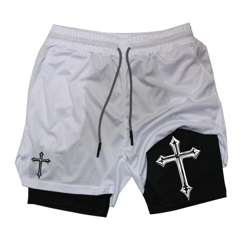 Shorts de treino para homens, shorts atléticos de ginástica cristã forro de compressão, bolso para telefone, toalhinha, estampa cruzada 2 em 1