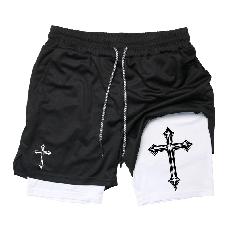 Shorts de treino para homens, shorts atléticos de ginástica cristã forro de compressão, bolso para telefone, toalhinha, estampa cruzada 2 em 1