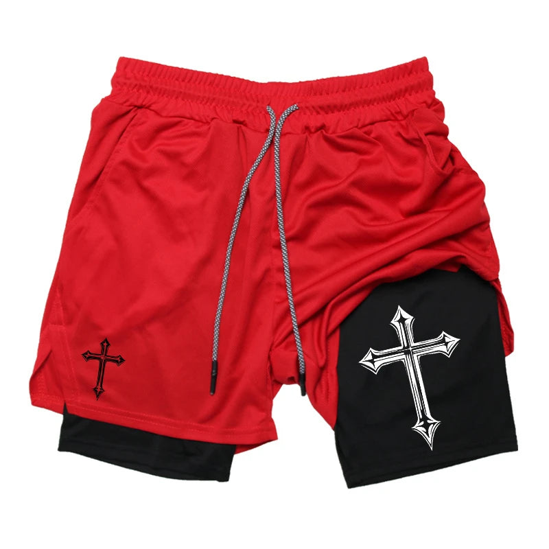 Shorts de treino para homens, shorts atléticos de ginástica cristã forro de compressão, bolso para telefone, toalhinha, estampa cruzada 2 em 1