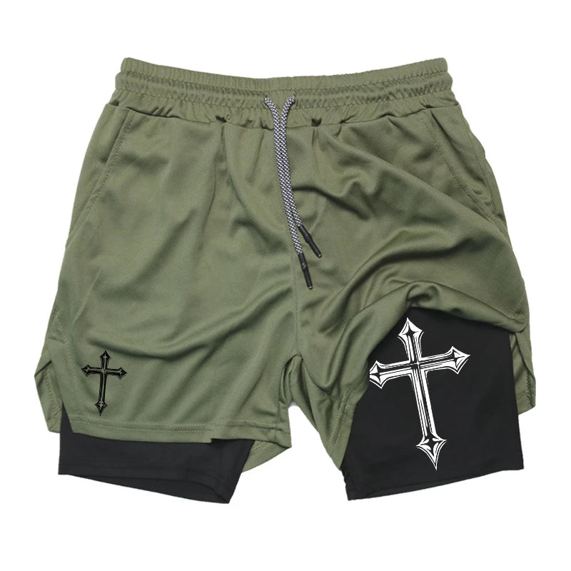 Shorts de treino para homens, shorts atléticos de ginástica cristã forro de compressão, bolso para telefone, toalhinha, estampa cruzada 2 em 1