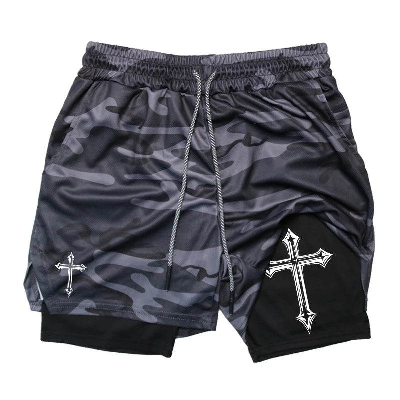 Shorts de treino para homens, shorts atléticos de ginástica cristã forro de compressão, bolso para telefone, toalhinha, estampa cruzada 2 em 1