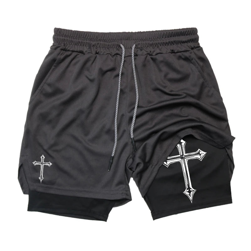 Shorts de treino para homens, shorts atléticos de ginástica cristã forro de compressão, bolso para telefone, toalhinha, estampa cruzada 2 em 1