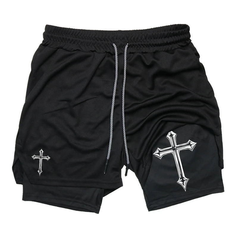 Shorts de treino para homens, shorts atléticos de ginástica cristã forro de compressão, bolso para telefone, toalhinha, estampa cruzada 2 em 1